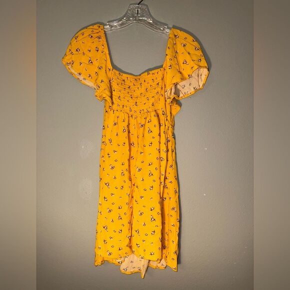 AMERICAN EAGLE WOMEN YELLOW RUCHED FLUTTER-SLEEVE MINI DRESS SMALL #718 - Picture 6 of 9